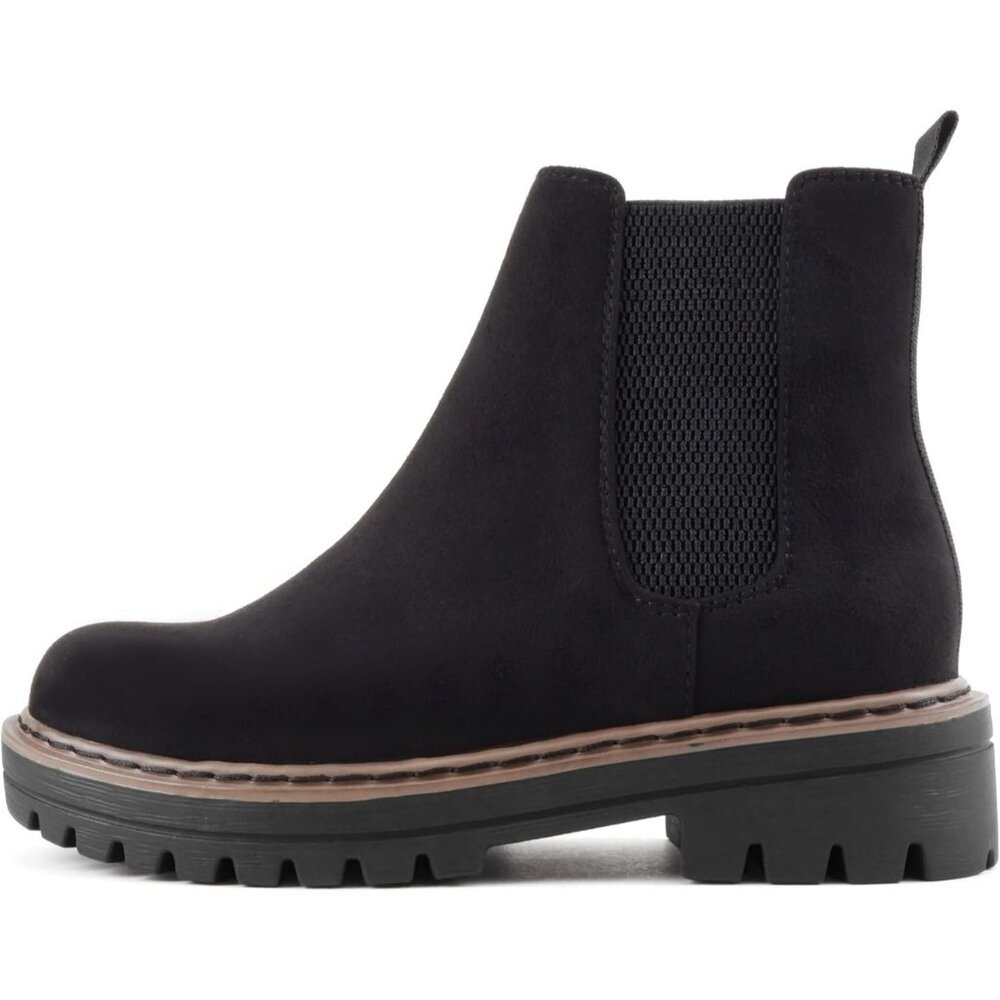 Women Tan Welt Lug Sole Low Chunky Heel Chelsea Double Elastic Ankle Booties
